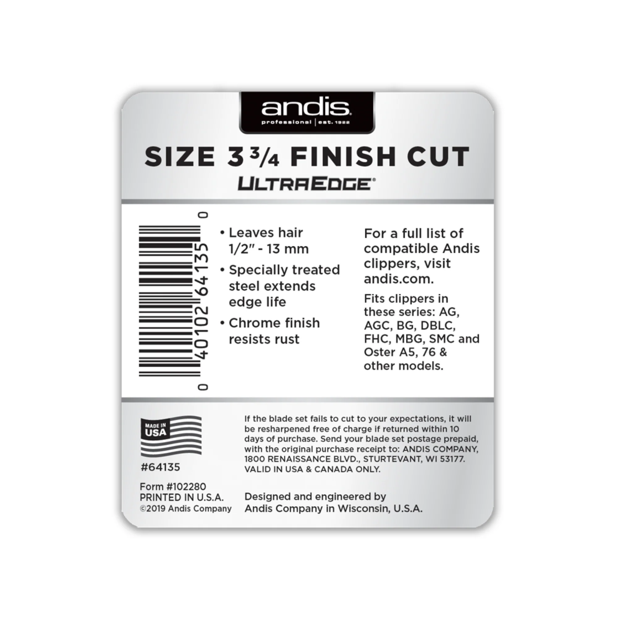 ANDIS Size 3-3/4 Finish Cut - Leaves Hair 1/2 in. - 13 mm - Image 3