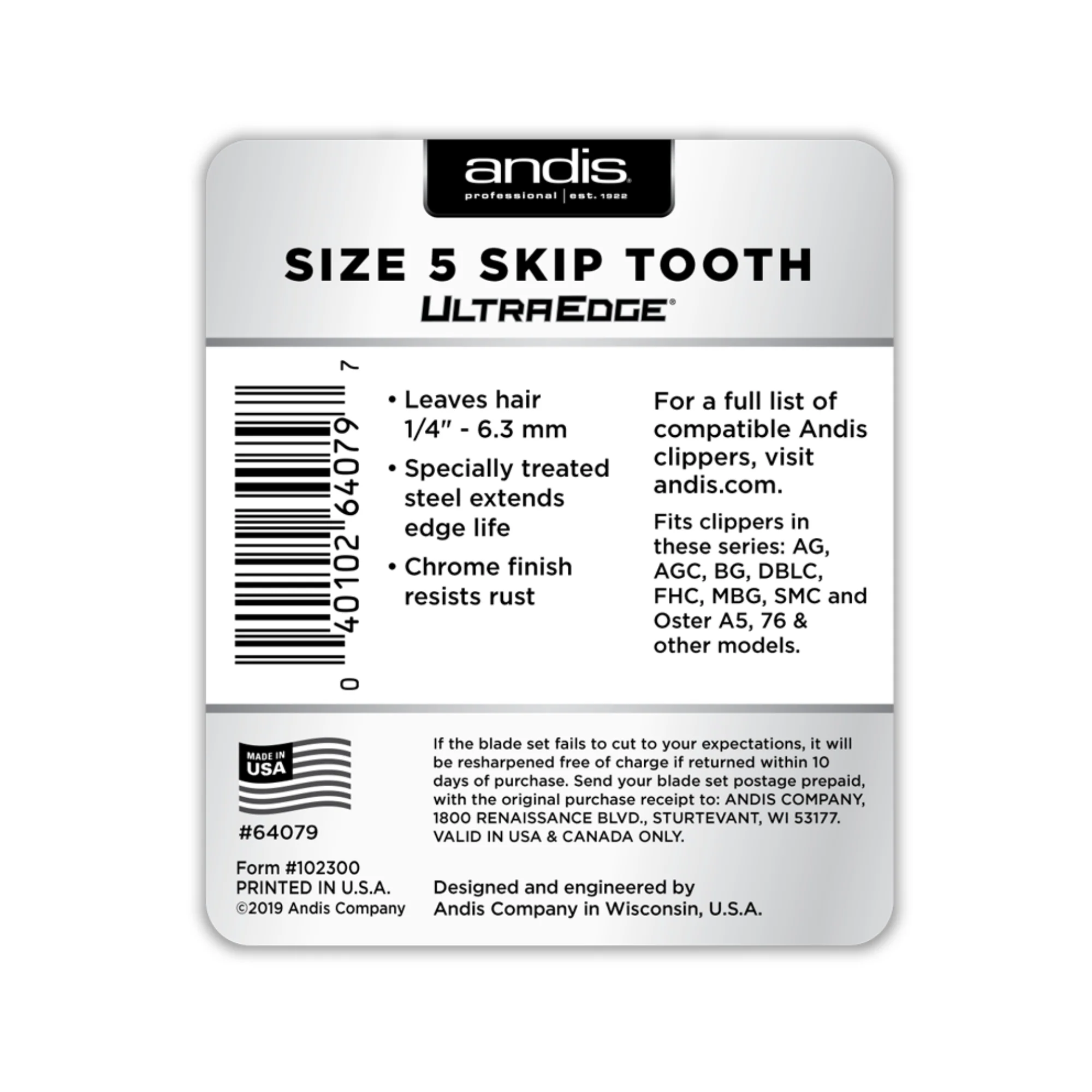ANDIS Size 5 Skip Tooth - Leaves Hair 1/4 in. - 6.3 mm - Image 3