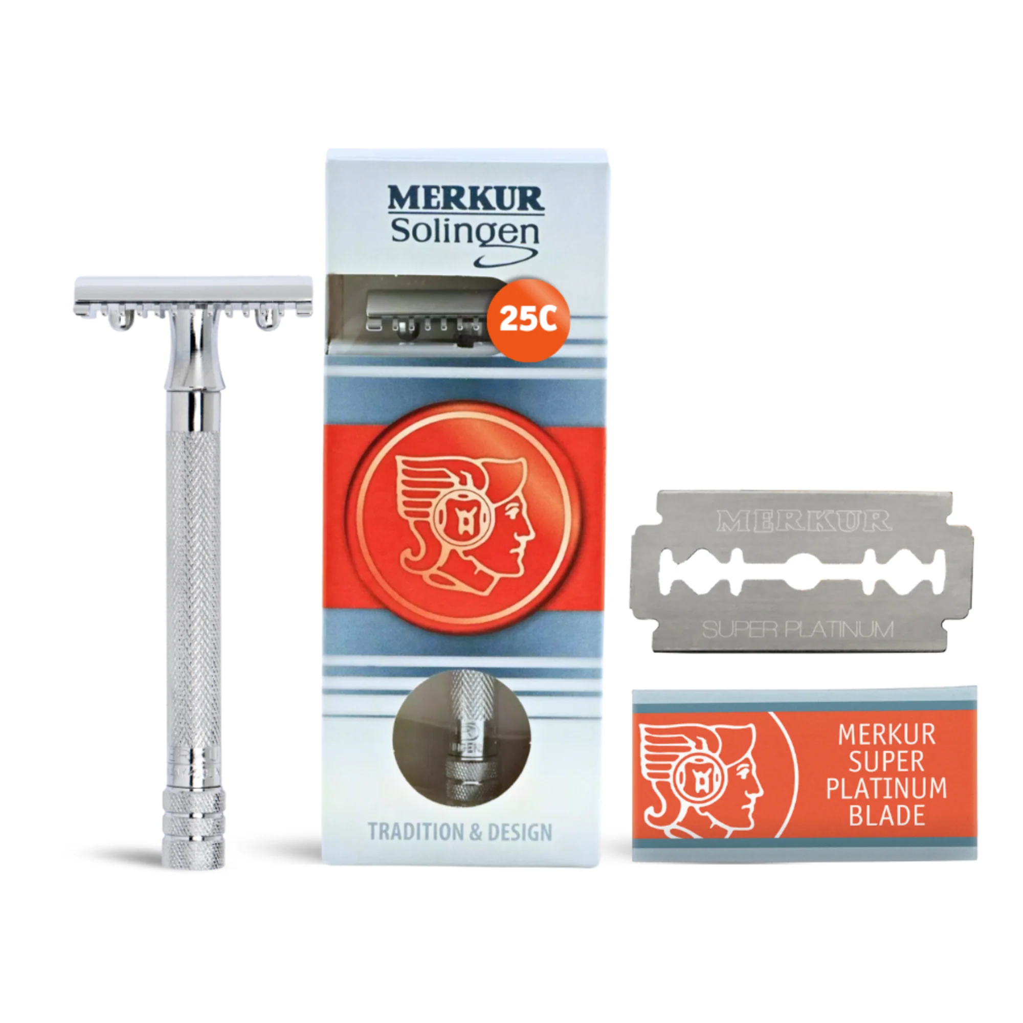 Merkur Double Edge Safety Razor, Open Tooth Comb, Extra Long Handle, Chrome