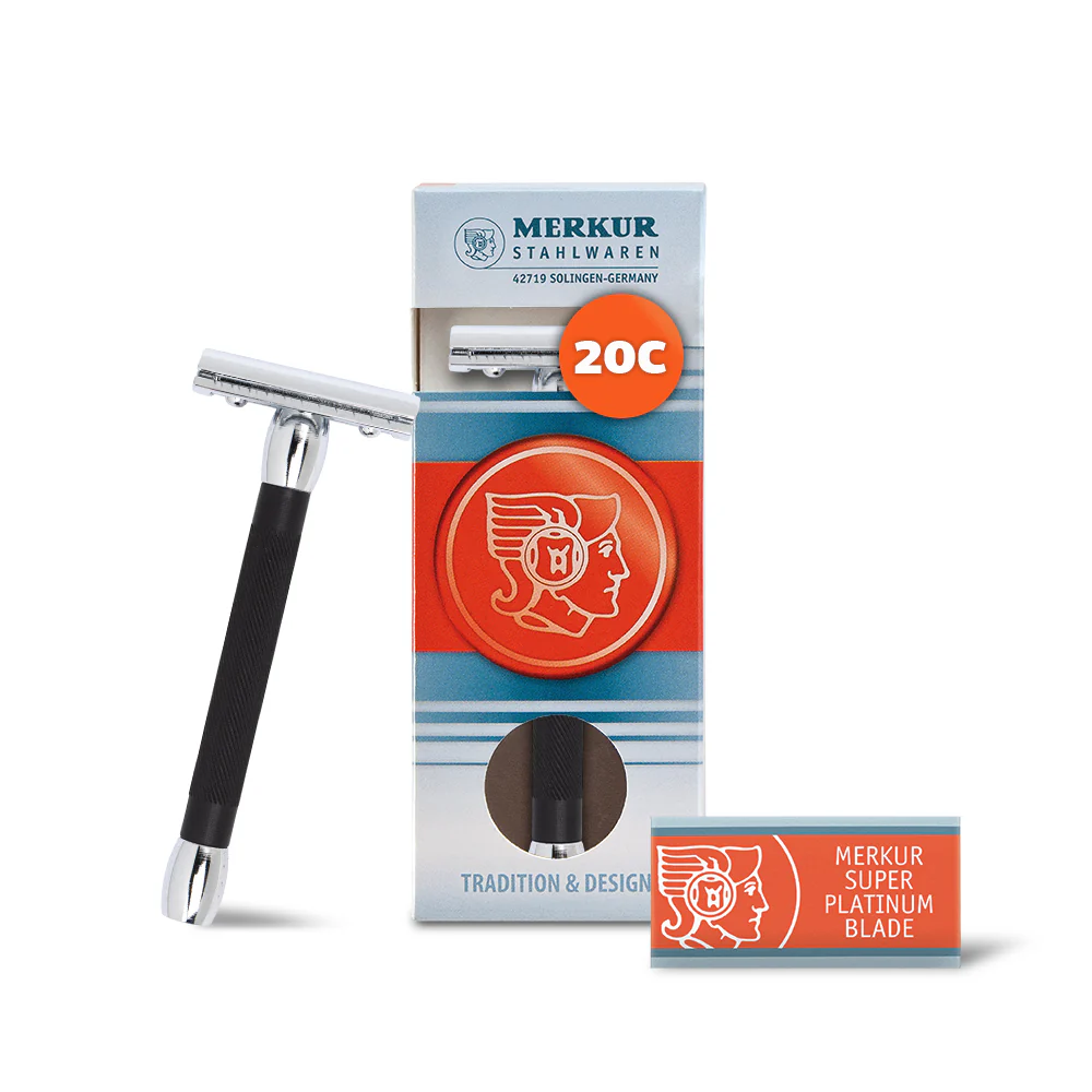 Merkur Double Edge Safety Razor, Straight Cut, Chrome, Extra Long Black Handle
