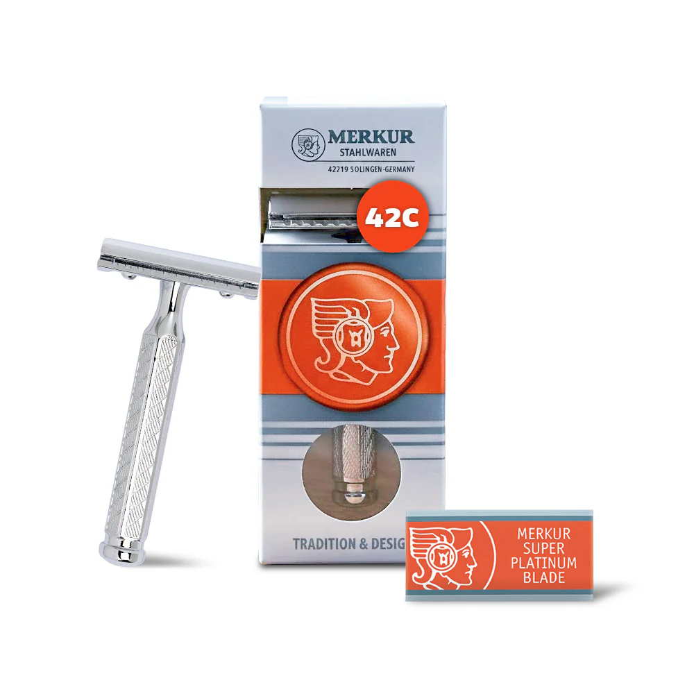 Merkur Double Edge Safety Razor, Straight Cut, Chrome-Plated, Etched Handle