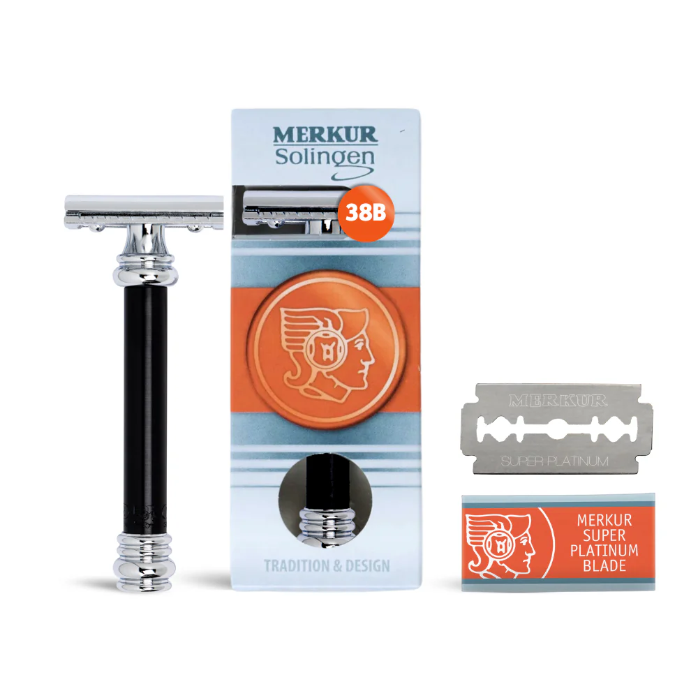 MERKUR Double Edge Safety Razor with Straight Cut and Extra Long Handle in Black